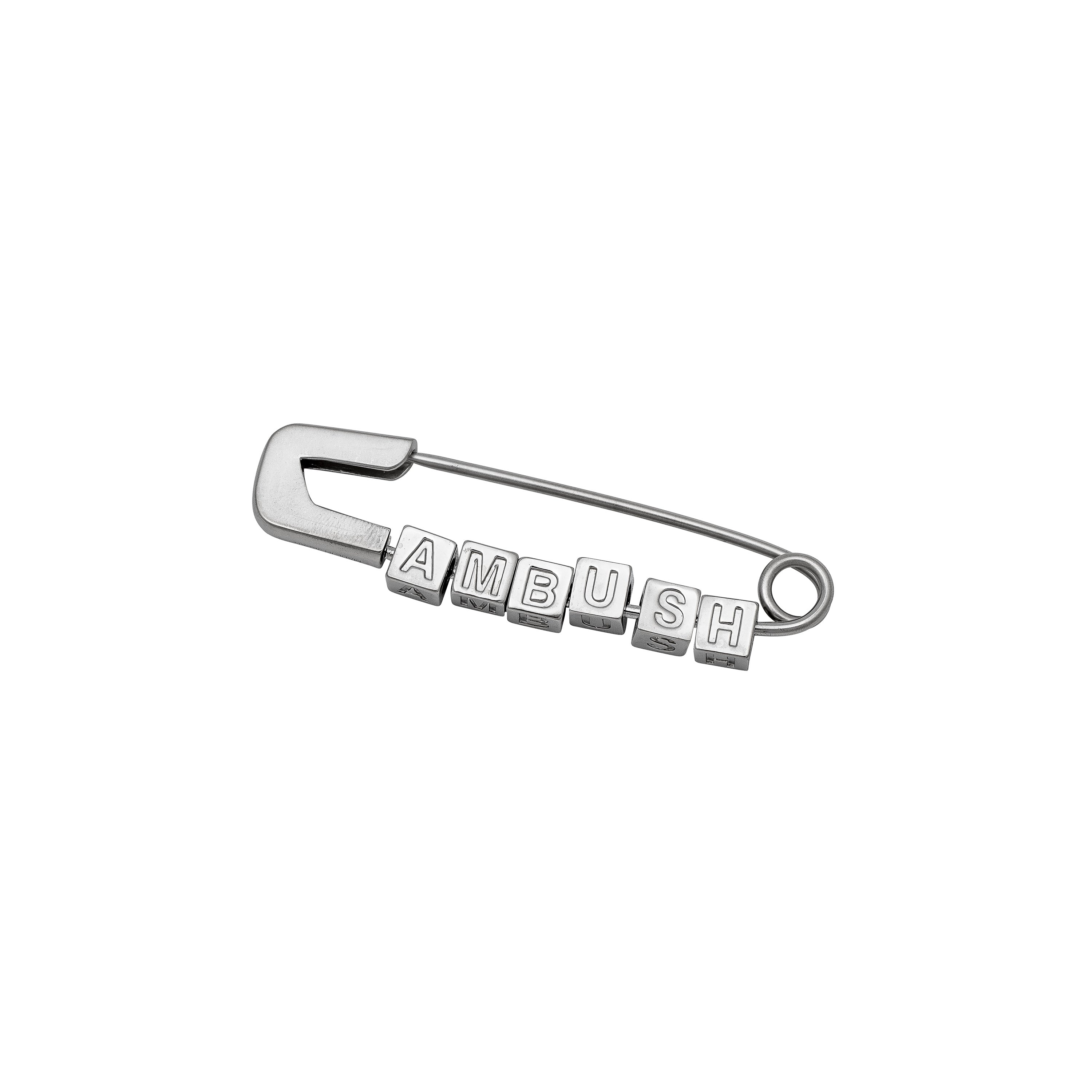 AMBUSH - LETTER BLOCK SAFETY PIN, SILVER | #size_One Size fits all